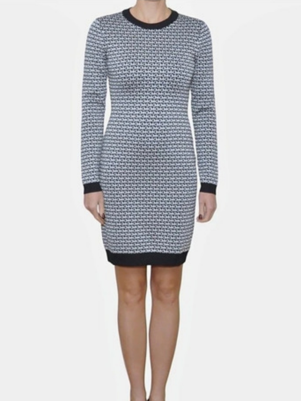 Michael Kors Logo Stretch Sweater Jacquard Dress Mini Dress Black & Silve Medium